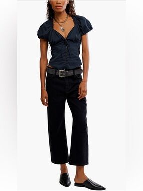 Free People Puff Sleeve Sweetheart Blouse Blue Womens S